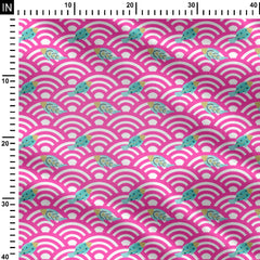 Fishes in Seigaiha waves pink and turquoise Print Fabric