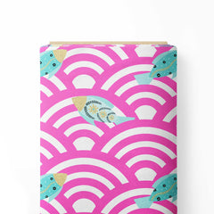 Fishes in Seigaiha waves pink and turquoise Print Fabric