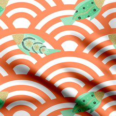 Fishes in Seigaiha waves mint green and orange Print Fabric