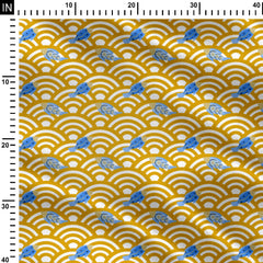 Fishes in Seigaiha waves blue and yellow Print Fabric