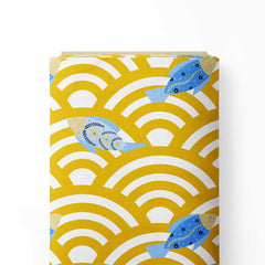 Fishes in Seigaiha waves blue and yellow Print Fabric