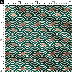 Fishes in Seigaiha waves green and rust Print Fabric