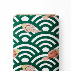 Fishes in Seigaiha waves green and rust Print Fabric