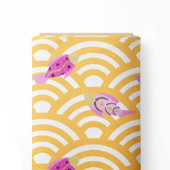 Fishes in Seigaiha waves pink and yellow Print Fabric