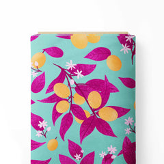 Leafy citrus fruits magenta, yellow, turquoise Cotton Poplin Print Fabric