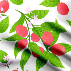 Red berries and leafy greens Print Fabric