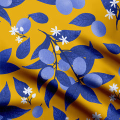 Rayon 3 Meters Indigo plums on honey background Print Fabric