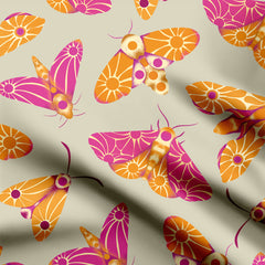 Whimsical Retro Moths Ochre, Pink and Beige Print Fabric