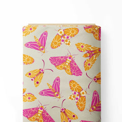 Whimsical Retro Moths Ochre, Pink and Beige Print Fabric