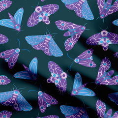 Whimsical Retro Moths Sky Blue and Purple Print Fabric