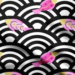 Fishes In Seigaiha Waves black and pink Print Fabric