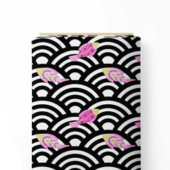 Fishes In Seigaiha Waves black and pink Print Fabric