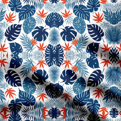 Blue and White Tropical Leaf Decor Print Fabric