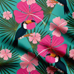 Hibiscus and toucans pink and turquoise Print Fabric