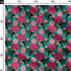 Hibiscus and toucans pink and turquoise Print Fabric