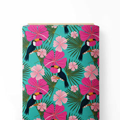 Hibiscus and toucans pink and turquoise Print Fabric