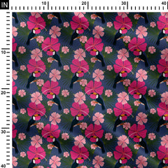 Hibiscus and toucans pink and dark blue Print Fabric