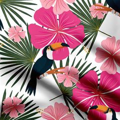 Hibiscus and toucans - pink, white and green Print Fabric