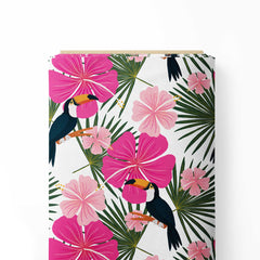 Hibiscus and toucans - pink, white and green Print Fabric