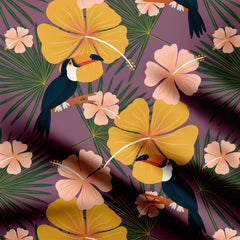 Hibiscus and toucans purple and yellow Print Fabric