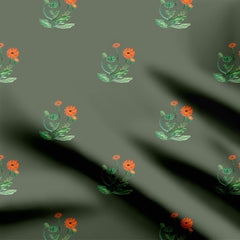 Orange Marigold on Olive green small Print Fabric