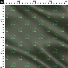 Orange Marigold on Olive green small Print Fabric