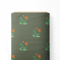 Orange Marigold on Olive green small Print Fabric