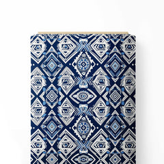 Geometrical Boho Blue White Motifs Print Fabric