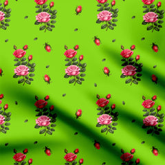 Parrot Green Rose Flower Print Fabric
