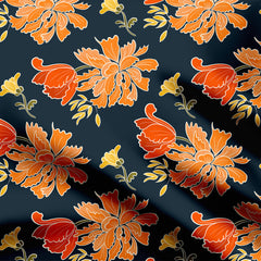 Cottage core flowers orange and navy Print Fabric