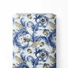 bird and blue leaf design Print Fabric