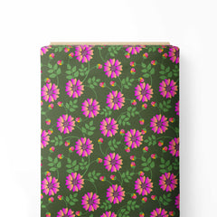 Magenta Flowers on Green Print Fabric