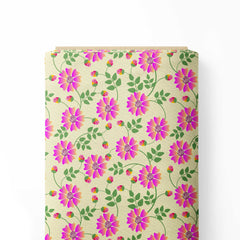 Magenta Flowers on Lemon yellow Print Fabric