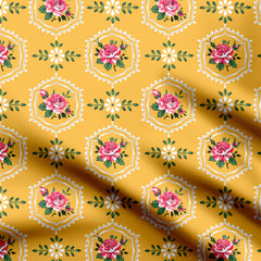 geometric pattern and flower and yellow ground Print Fabric