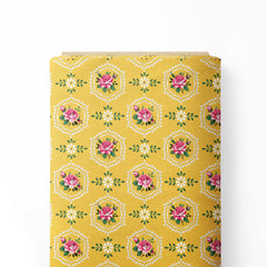 geometric pattern and flower and yellow ground Print Fabric