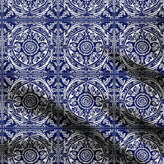 Ethnic Blue Damask Folk Art Print Fabric