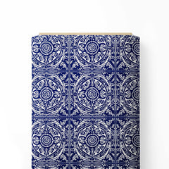 Ethnic Blue Damask Folk Art Print Fabric