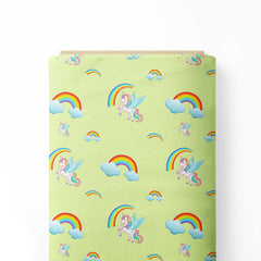 Light Green Rainbow & Unicorn Print Fabric