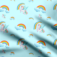 Rainbow With Unicorn Sky Blue Background Print Fabric