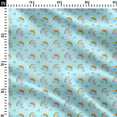 Rainbow With Unicorn Sky Blue Background Print Fabric