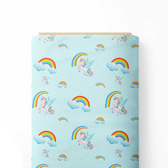 Rainbow With Unicorn Sky Blue Background Print Fabric