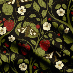 Vintage Strawberry Garden Charcoal Black Print Fabric