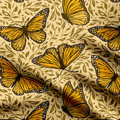 Orange Monarch Butterflies on Light Brown Print Fabric