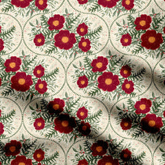 Red Yuletide Camellia Flowers Light Print Fabric