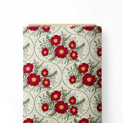 Red Yuletide Camellia Flowers Light Print Fabric