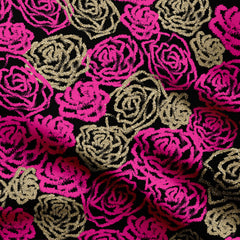 Magenta and Gold Roses Print Fabric