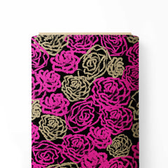 Magenta and Gold Roses Print Fabric