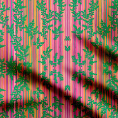 Pink Stripe Leaves Print Fabric