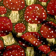 Red Mushroom Meadow Dark Print Fabric