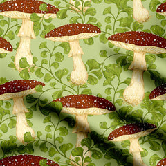 Red Amanita Mushrooms and Ferns Sage Green Print Fabric